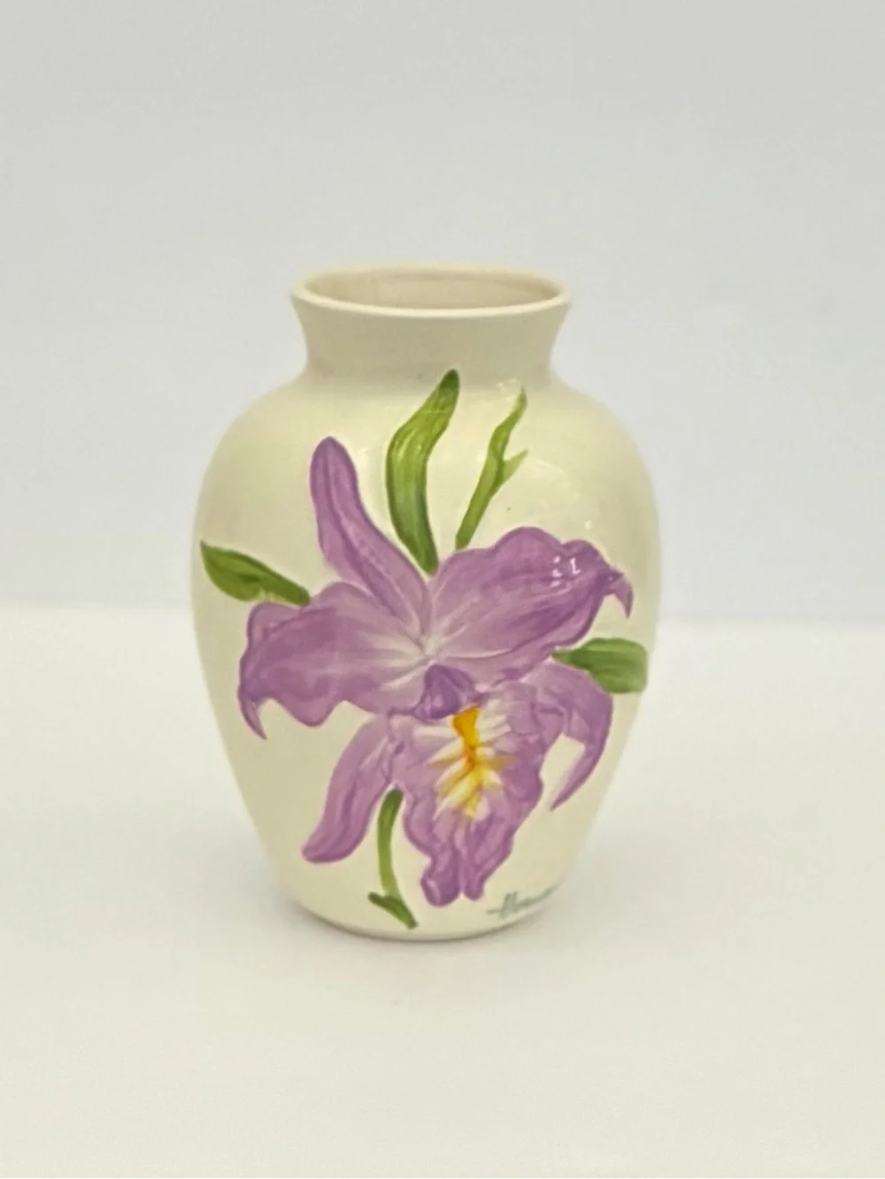 Vintage Hand-Painted Ceramic Vase Purple & Yellow Iris Aloha Designs Hawaii 6”